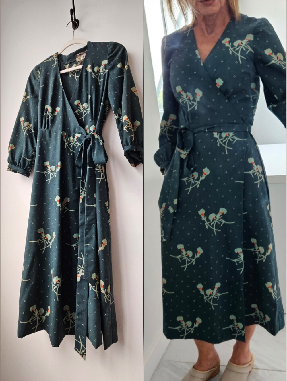 Sonia Rykiel Chez Bloomingdales Vintage 70's Era Green Floral Wrap Dress